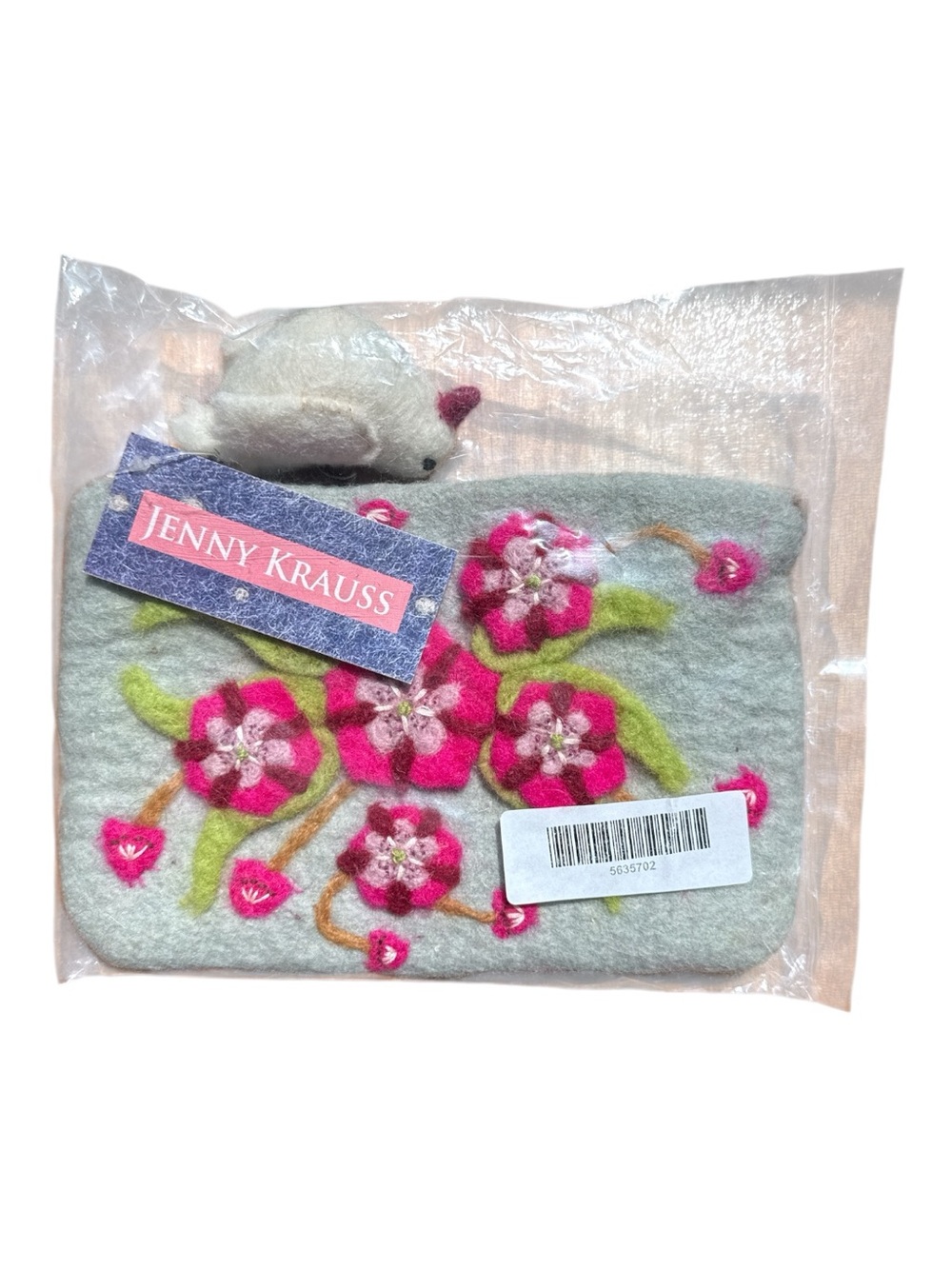 NWT Jenny Krauss Floral Embroidered Wool Pouch Zipper Cosmetic Bag